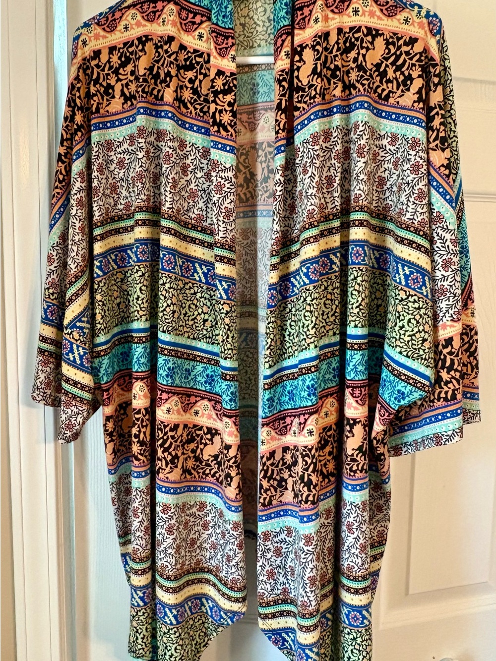 Patterned Multicolor Open-Front Wrap - Blue & Turquoise Accents